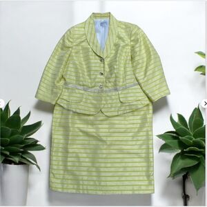 Nicolette 2-Piece Striped Peplum Skirt Suit Yellow Silver White Size 18 Elegant